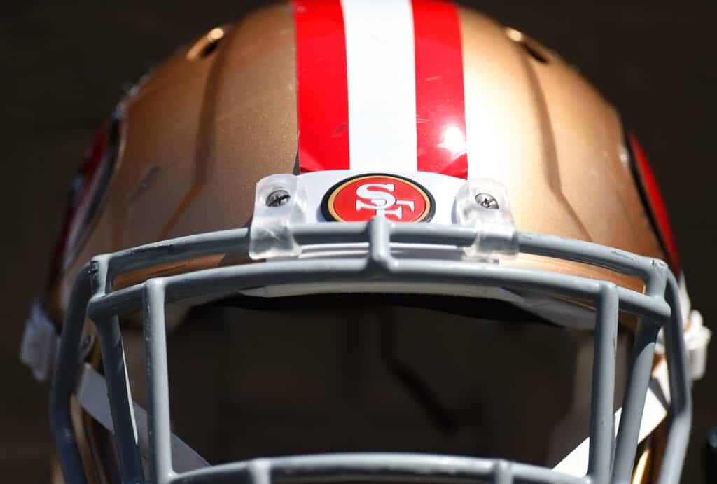 A detailed view of a San Francisco 49ers helmet before the preseason game against the the San Diego Chargers at Levi's Stadium on August 24, 2014 in Santa Clara, California
