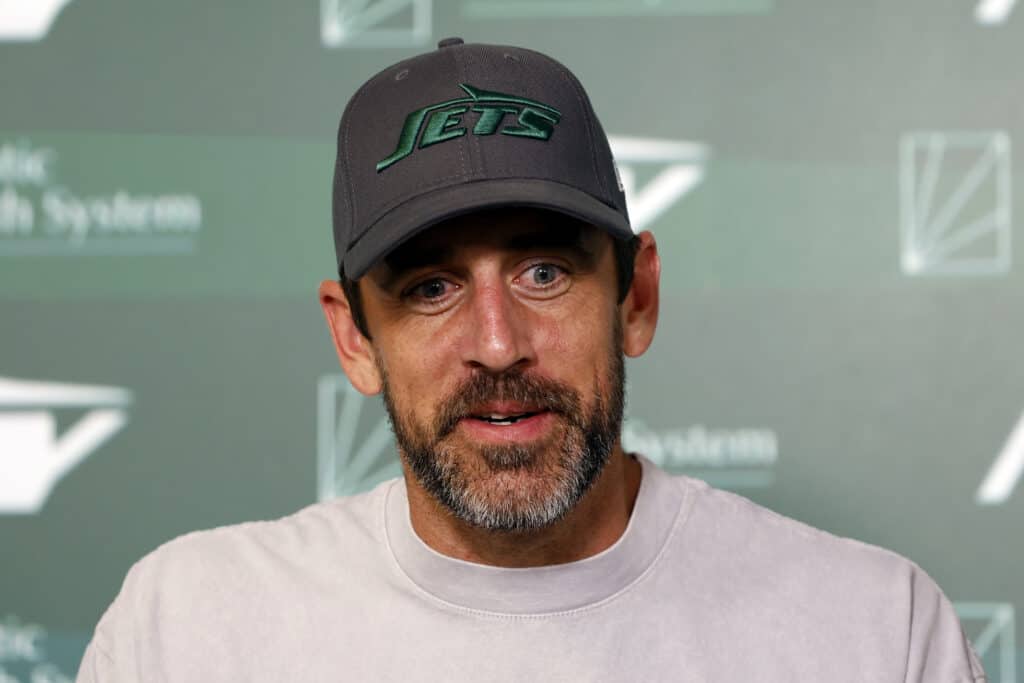 FLORHAM PARK, NEW JERSEY - MAY 21: Aaron Rodgers #8 of the New York Jets speaks to the media during the New York Jets OTA Offseason Workout at Atlantic Health Jets Training Center on May 21, 2024 in Florham Park, New Jersey.