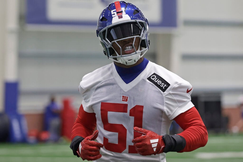 EAST RUTHERFORD, NEW JERSEY - MAY 09: Abdul Carter #51 of the New York Giants during rookie minicamp at NY Giants Quest Diagnostics Training Center on May 09, 2025 in East Rutherford, New Jersey.