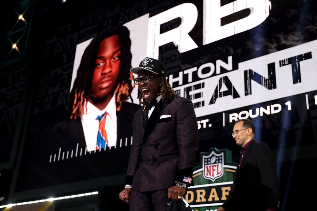 GREEN BAY, WISCONSIN - APRIL 24: Running Back Ashton Jeanty of Boise State celebrates after being selected sixth overall pick by the Las Vegas Raiders during the first round of the 2025 NFL Draft at Lambeau Field on April 24, 2025 in Green Bay, Wisconsin.
