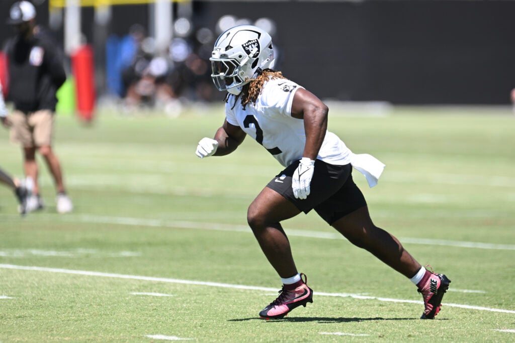HENDERSON, NEVADA - MAY 09: Ashton Jeanty #2 of the Las Vegas Raiders runs during a drill at the rookie minicamp at Intermountain Health Performance Center on May 09, 2025 in Henderson, Nevada.