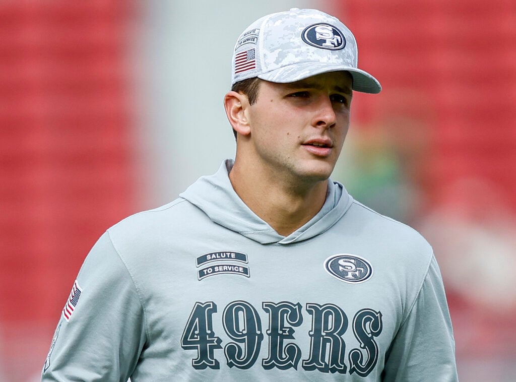 SANTA CLARA, CALIFORNIA - NOVEMBER 17: Brock Purdy #13 of the San Francisco 49ers looks on before playing the Seattle Seahawks at Levi's Stadium on November 17, 2024 in Santa Clara, California.