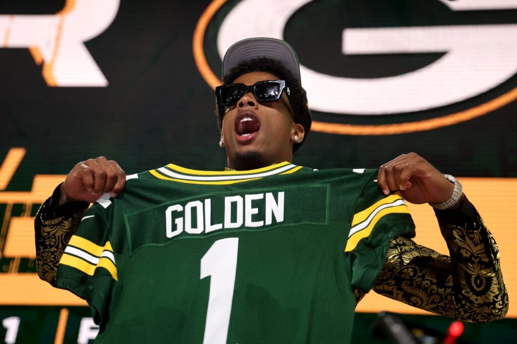 GREEN BAY, WISCONSIN - APRIL 24: Wide Receiver Matthew Golden of Texas celebrates after being selected twenty-third overall pick by the Green Bay Packers during the first round of the 2025 NFL Draft at Lambeau Field on April 24, 2025 in Green Bay, Wisconsin.