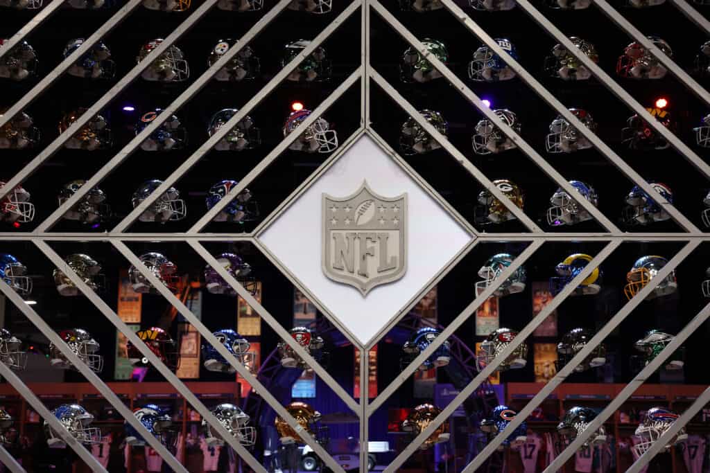 LAS VEGAS, NEVADA - FEBRUARY 06: A general view of NFL logo displayed in the NFL Super Bowl Experience ahead of Super Bowl LVIII on February 06, 2024 in Las Vegas, Nevada.