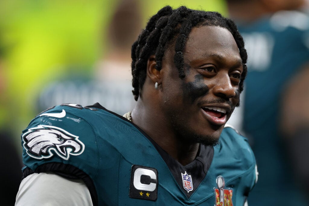 NEW ORLEANS, LOUISIANA - FEBRUARY 09: A.J. Brown #11 of the Philadelphia Eagles looks on in the fourth quarter against the Kansas City Chiefs during Super Bowl LIX at Caesars Superdome on February 09, 2025 in New Orleans, Louisiana.