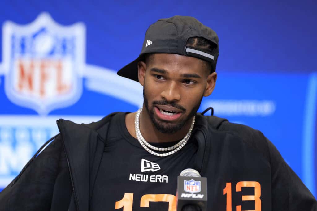 INDIANAPOLIS, INDIANA - FEBRUARY 28: Shedeur Sanders #QB13 of Colorado speaks to the media during the 2025 NFL Scouting Combine at Lucas Oil Stadium on February 28, 2025 in Indianapolis, Indiana.