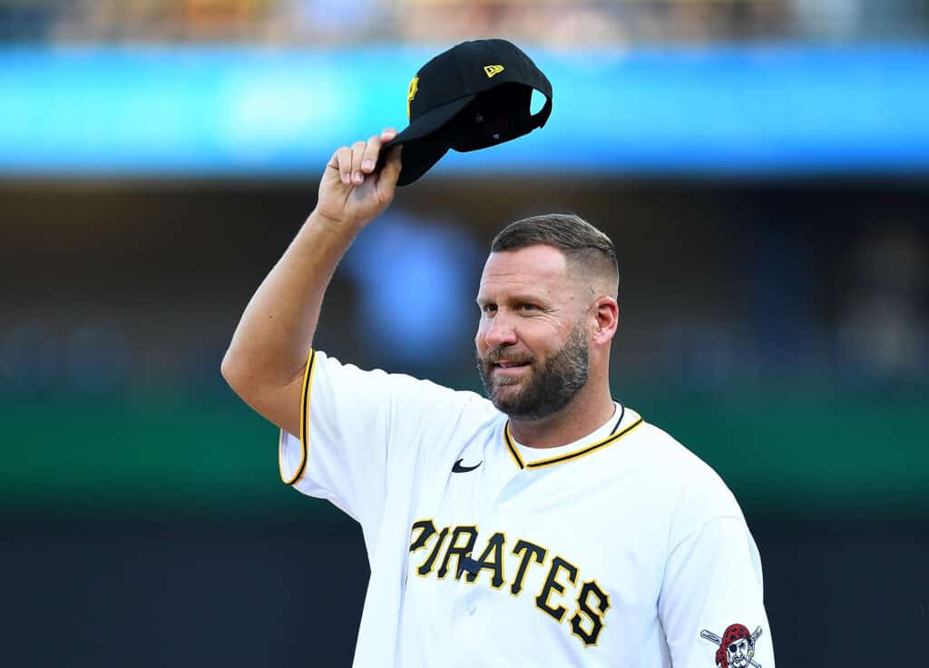 PITTSBURGH, PA - JULY 29: Ben Roethlisberger acknowledges the crowd before throwing the first pitch prior to the game between the Philadelphia Phillies and the Pittsburgh Pirates at PNC Park on July 29, 2022 in Pittsburgh, Pennsylvania.