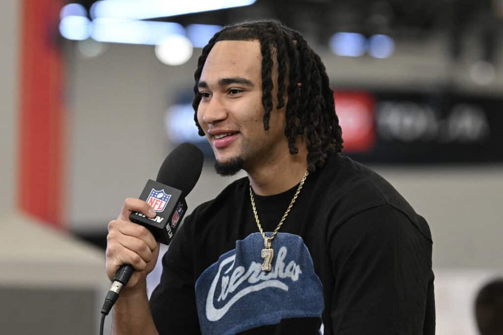 LAS VEGAS, NEVADA - FEBRUARY 09: C.J. Stroud is interviewed at Radio Row at the Mandalay Bay Convention Center ahead of Super Bowl LVIII on February 09, 2024 in Las Vegas, Nevada