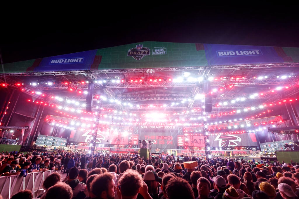 GREEN BAY, WISCONSIN - APRIL 24: A general view of the stage during the Atlanta Falcons pick during the first round of the 2025 NFL Draft at Lambeau Field on April 24, 2025 in Green Bay, Wisconsin.