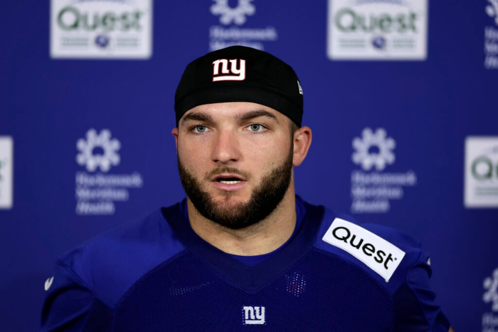 EAST RUTHERFORD, NEW JERSEY - MAY 09: Cam Skattebo #44 of the New York Giants speaks with the media after rookie minicamp at NY Giants Quest Diagnostics Training Center on May 09, 2025 in East Rutherford, New Jersey.