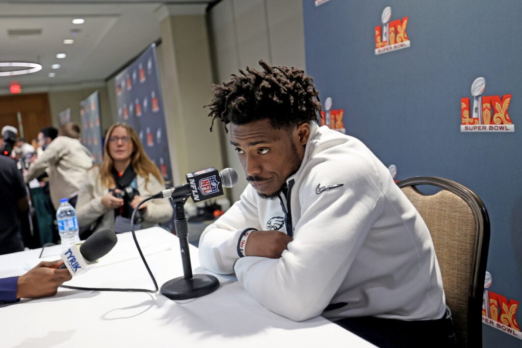NEW ORLEANS, LOUISIANA - FEBRUARY 5: Safety C.J. Gardner-Johnson #8 of the Philadelphia Eagles answers questions during the team's Wednesday media availability ahead of Super Bowl LIX at the Hilton New Orleans Riverside Hotel on February 5, 2025 in New Orleans, Louisiana. The Eagles face the Kansas City Chiefs this Sunday in the Caesars Superdome.