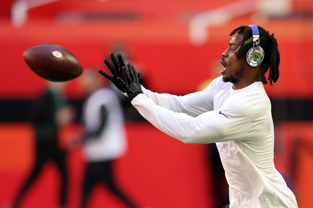 GLENDALE, ARIZONA - FEBRUARY 12: C.J. Gardner-Johnson #23 of the Philadelphia Eagles warms up before playing against the Kansas City Chiefs in Super Bowl LVII at State Farm Stadium on February 12, 2023 in Glendale, Arizona.