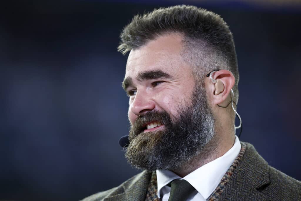 INGLEWOOD, CALIFORNIA - NOVEMBER 11: Former football player and ESPN broadcaster Jason Kelce looks on prior to the game between the Miami Dolphins and the Los Angeles Rams at SoFi Stadium on November 11, 2024 in Inglewood, California.