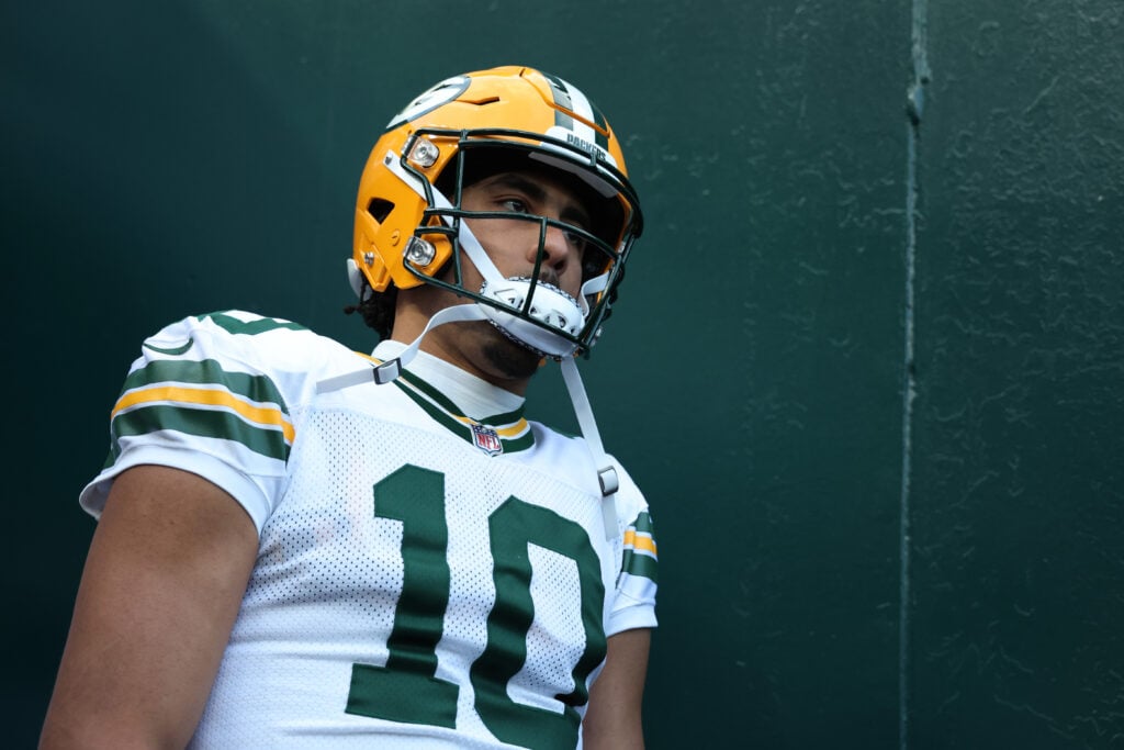 PHILADELPHIA, PENNSYLVANIA - JANUARY 12: Quarterback Jordan Love #10 of the Green Bay Packers prepares to take the field prior to a game against the Philadelphia Eagles during the NFC Wild Card Playoff at Lincoln Financial Field on January 12, 2025 in Philadelphia, Pennsylvania.