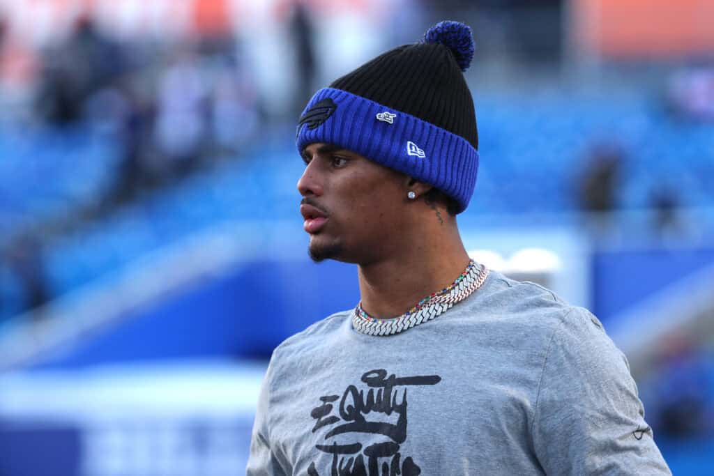 ORCHARD PARK, NEW YORK - DECEMBER 22: Keon Coleman #0 of the Buffalo Bills warms up before the game against the New England Patriots at Highmark Stadium on December 22, 2024 in Orchard Park, New York.