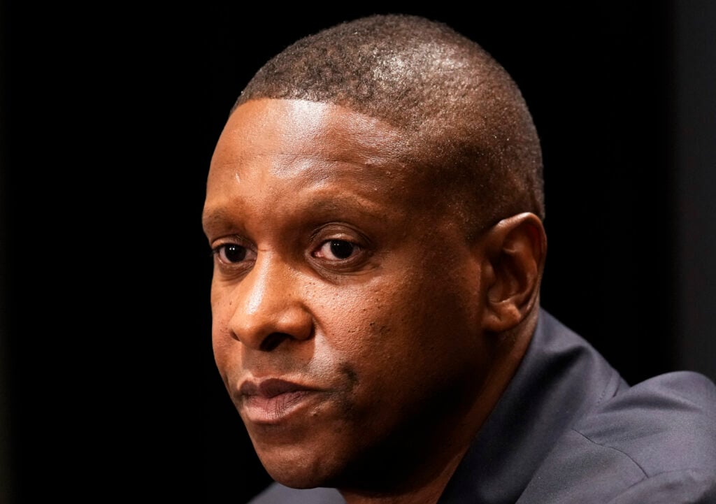 TORONTO, ON - OCTOBER 2: President of the Toronto Raptors Masai Ujiri speaks during media day on October 2, 2023 in Toronto, Ontario, Canada.