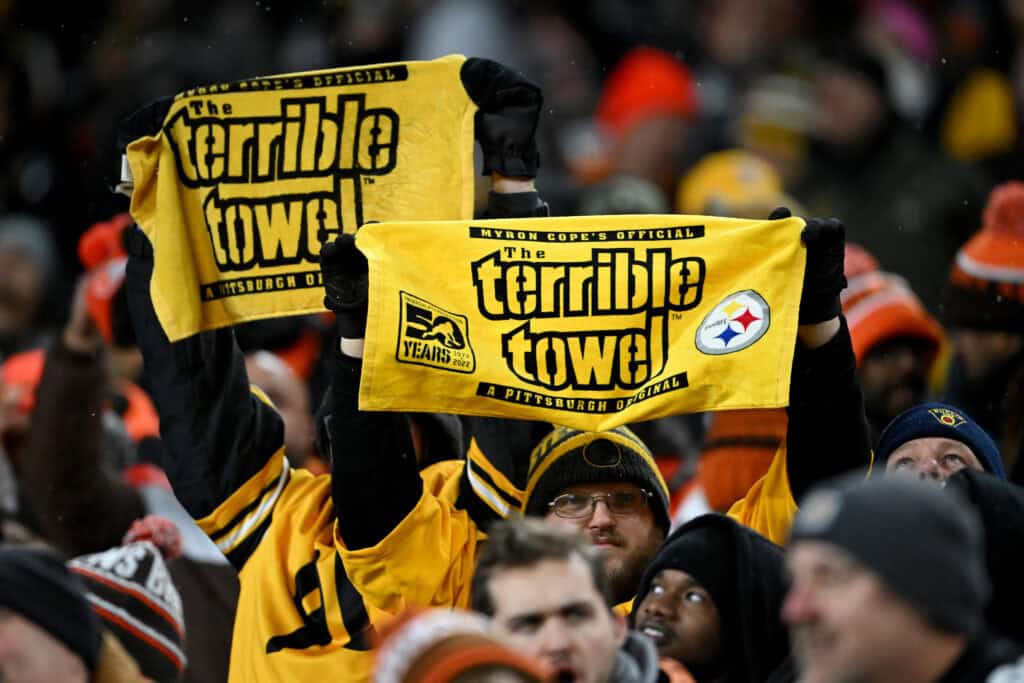 CLEVELAND, OHIO - NOVEMBER 21: Pittsburgh Steelers fans cheer during the second quarter in the game between the Pittsburgh Steelers and the Cleveland Browns at Huntington Bank Field on November 21, 2024 in Cleveland, Ohio.