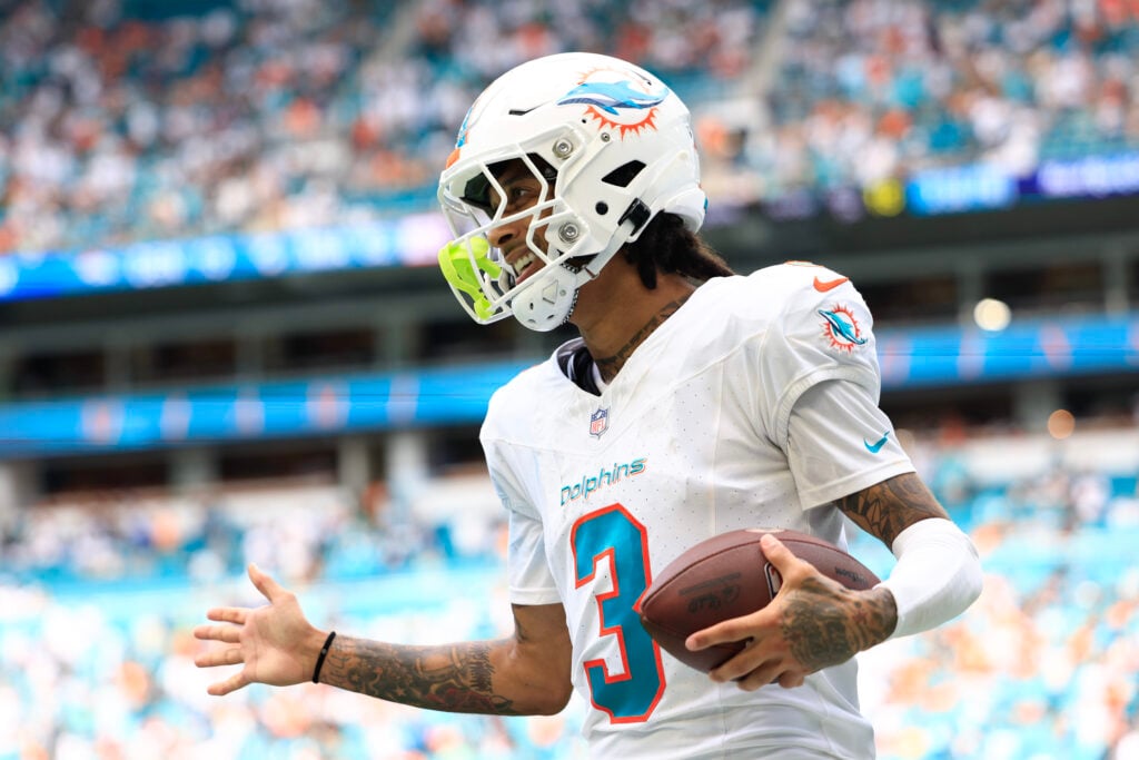 MIAMI GARDENS, FLORIDA - SEPTEMBER 24: Robbie Chosen #3 of the Miami Dolphins celebrates after his receiving touchdown during the fourth quarter against the Denver Broncos at Hard Rock Stadium on September 24, 2023 in Miami Gardens, Florida.