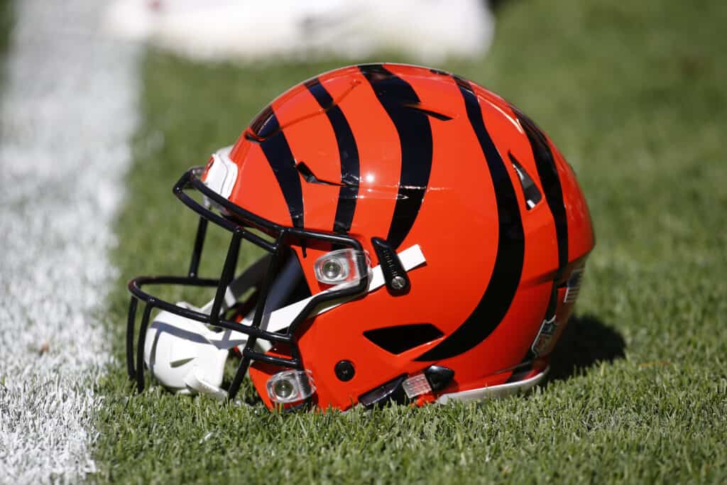 A Cincinnati Bengals helmet sits on the field before the game against the Cleveland Browns at FirstEnergy Stadium on October 1, 2017 in Cleveland, Ohio.