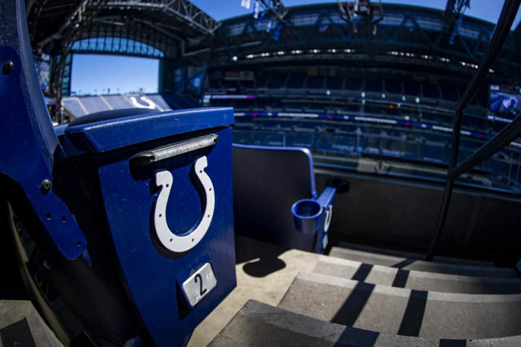 INDIANAPOLIS, IN - SEPTEMBER 20: Sunlight highlights an Indianapolis Colts logo on a seat at Lucas Oil Stadium before the game between the Indianapolis Colts and the Minnesota Vikings on September 20, 2020 in Indianapolis, Indiana.