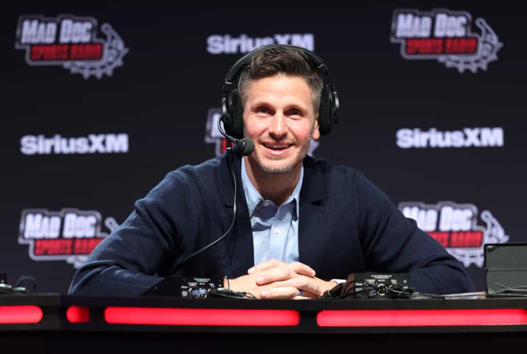 LAS VEGAS, NEVADA - FEBRUARY 07: Dan Orlovsky speaks on SiriusXM at Super Bowl LVIII on February 07, 2024 in Las Vegas, Nevada.
