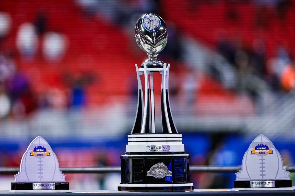 ATLANTA, GEORGIA - DECEMBER 14: The Celebration Bowl Championship trophy is seen on the field after the Jackson State University Tigers defeat the South Carolina State Bulldogs on Saturday, December 14, 2024, at Mercedes Benz Stadium in Atlanta, Georgia.