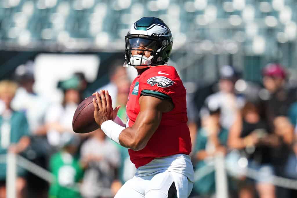 Jalen Hurts #1 of the Philadelphia Eagles looks to pass the ball during Training Camp at Lincoln Financial Field on August 9, 2023 in Philadelphia, Pennsylvania.