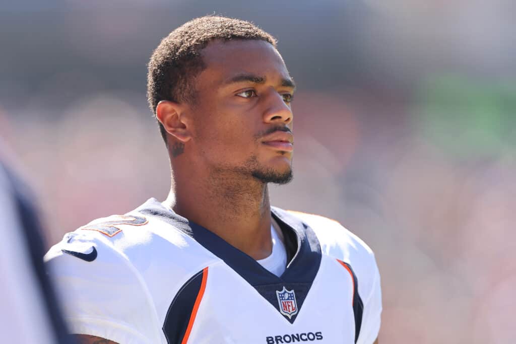 CHICAGO, ILLINOIS - OCTOBER 01: Pat Surtain II #2 of the Denver Broncos looks on against the Chicago Bears at Soldier Field on October 01, 2023 in Chicago, Illinois