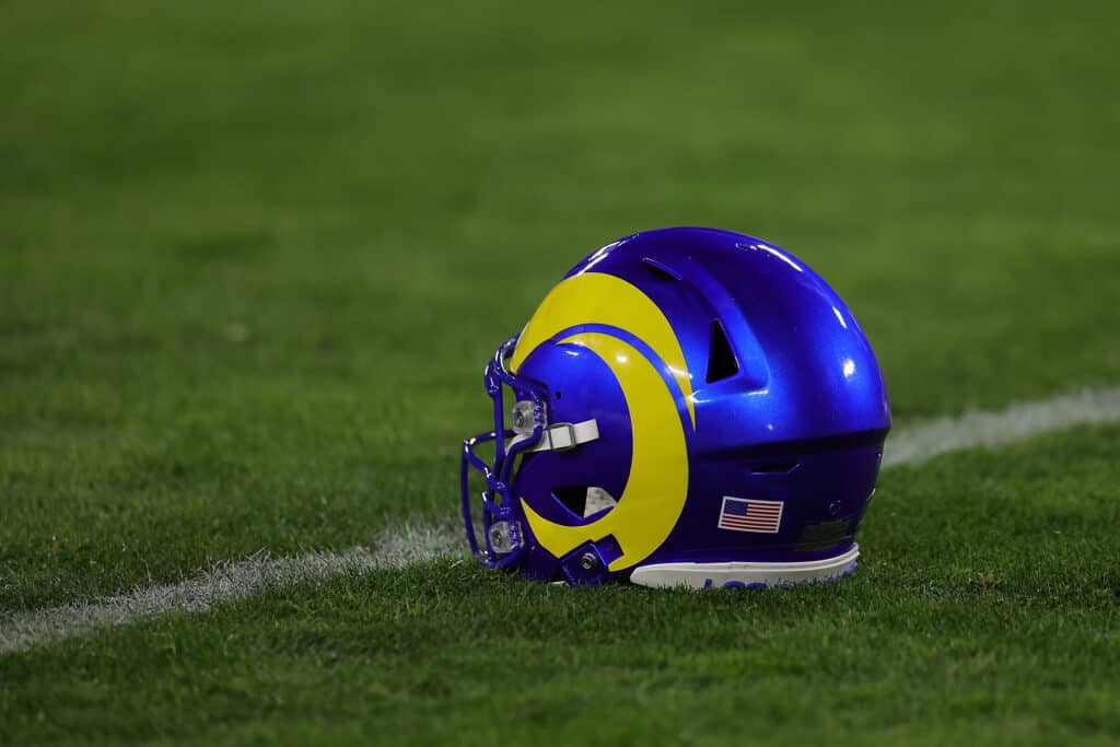 A detailed view of a Los Angeles Rams helmet prior to a game against the Green Bay Packers at Lambeau Field on December 19, 2022 in Green Bay, Wisconsin. The Packers defeated the Rams 24-12.