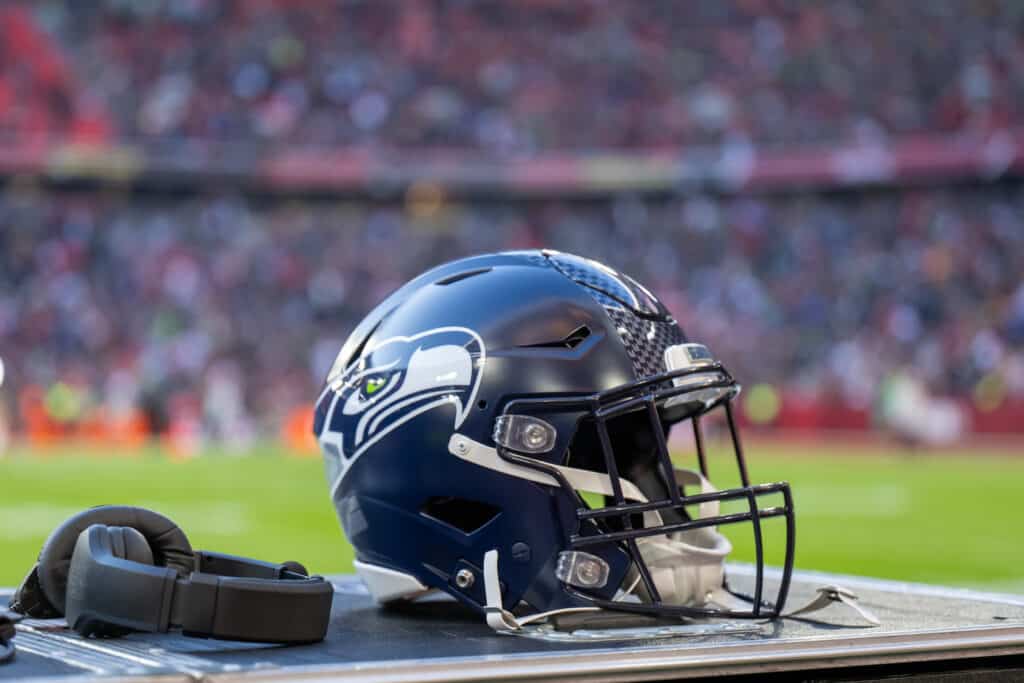 A helmet of the Seattle Seahawks is seen prior to the NFL match between Seattle Seahawks and Tampa Bay Buccaneers at Allianz Arena on November 13, 2022 in Munich, Germany.