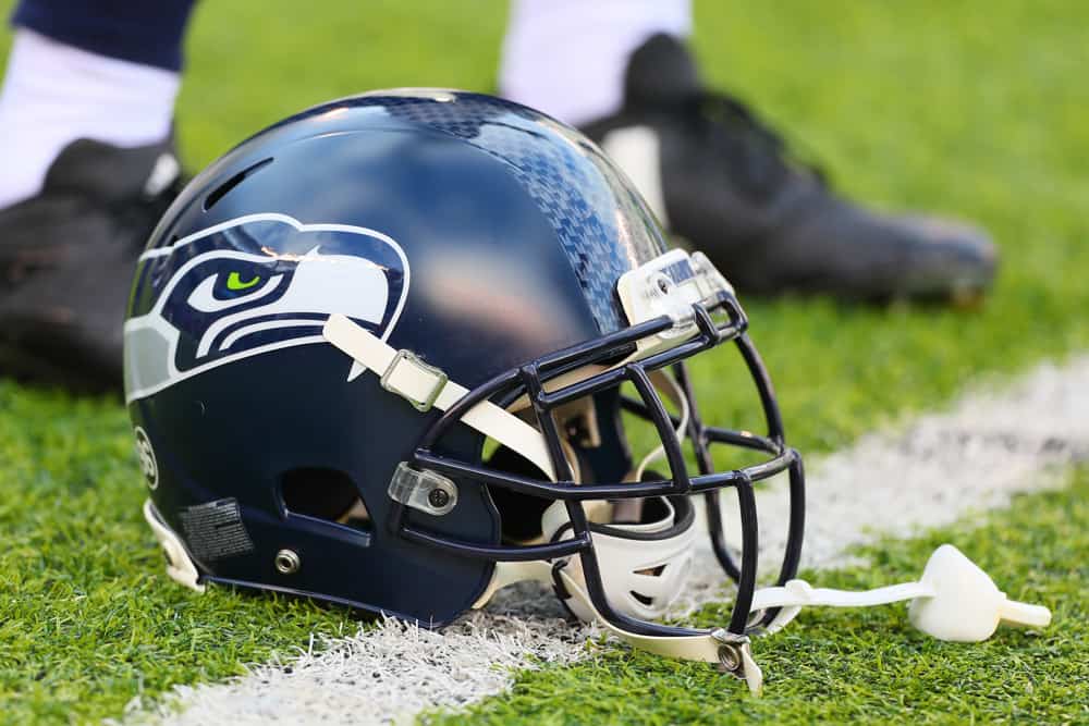 Seattle Seahawks helmet on the field prior to the National Football League game between the New York Giants and the Seattle Seahawks on October 22, 2017, at MetLife Stadium in East Rutherford, NJ