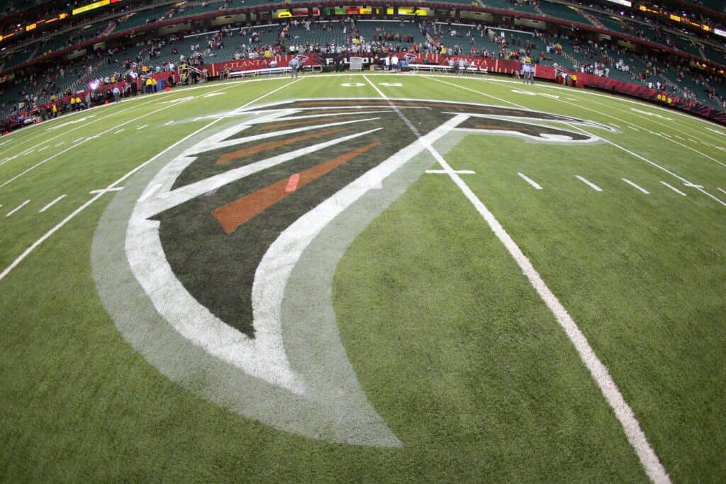 ATLANTA - DECEMBER 16: A general view of the Atlanta Falcons logo taken during a game against the Dallas Cowboys at the Georgia Dome on December 16, 2006 in Atlanta, Georgia.