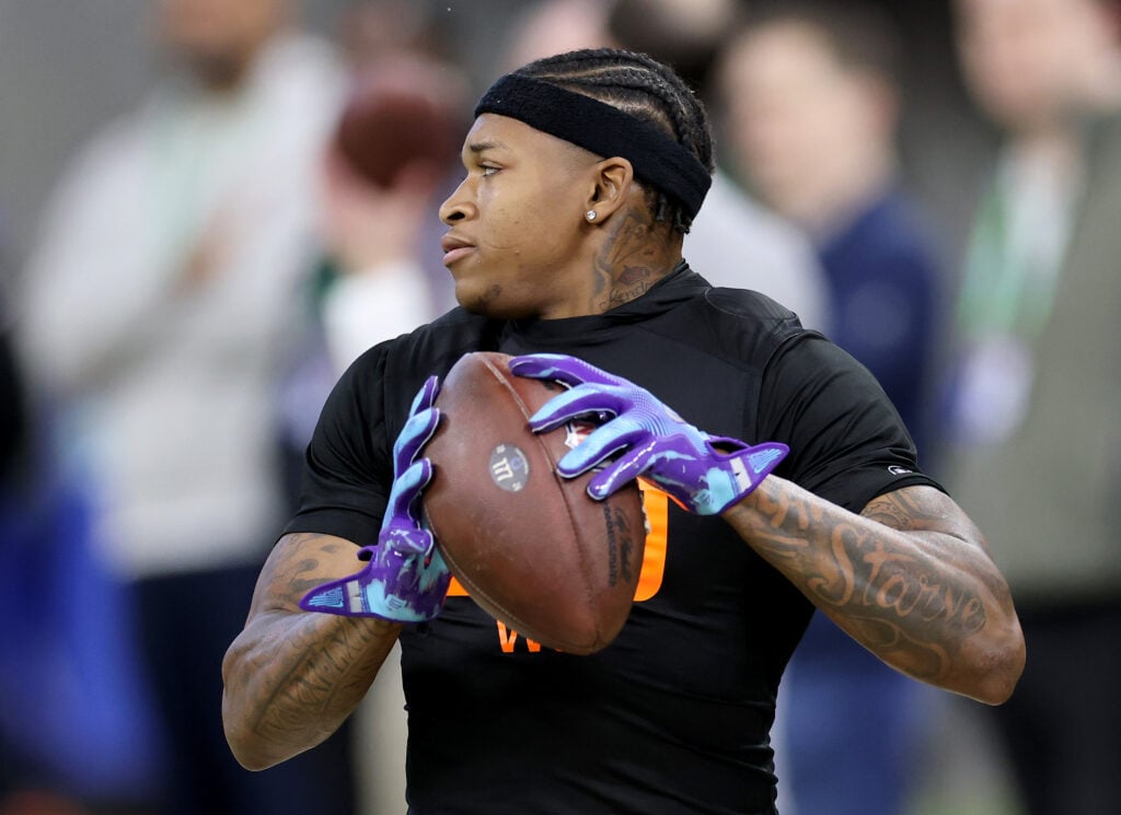 INDIANAPOLIS, INDIANA - MARCH 01: Jimmy Horn Jr. #WO20 of Colorado participates in a drill during the NFL Scouting Combine at Lucas Oil Stadium on March 01, 2025 in Indianapolis, Indiana.