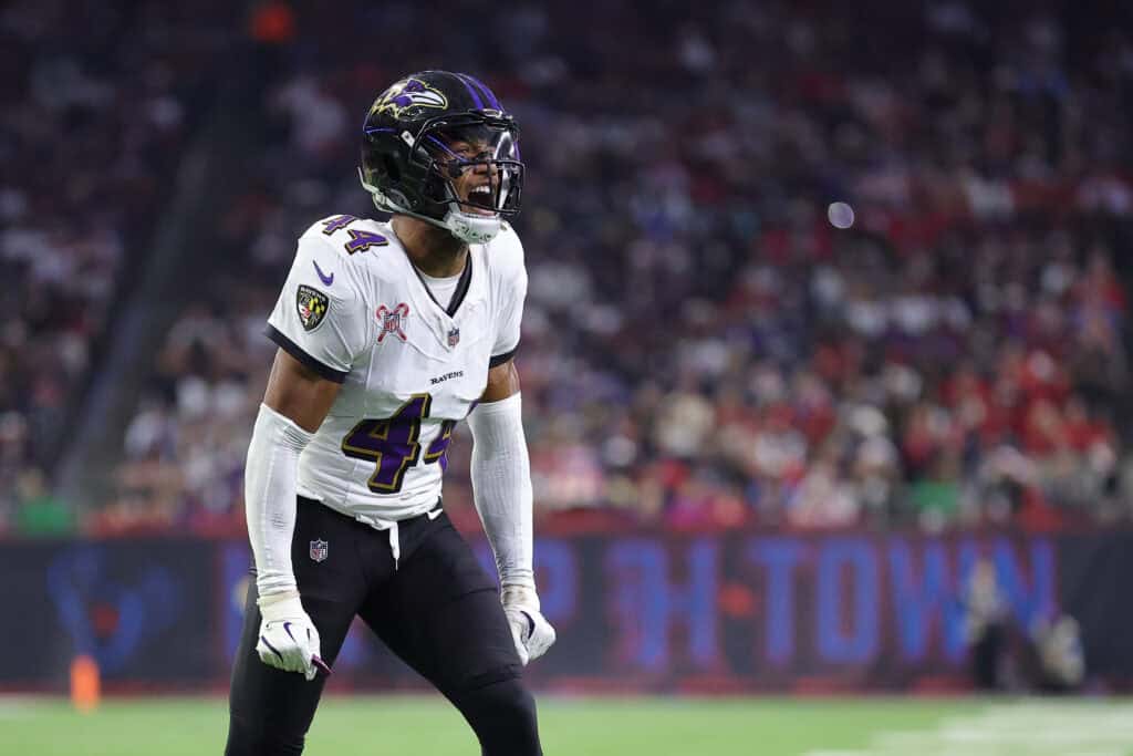 HOUSTON, TEXAS - DECEMBER 25: Marlon Humphrey #44 of the Baltimore Ravens reacts against the Houston Texans during the first half at NRG Stadium on December 25, 2024 in Houston, Texas.