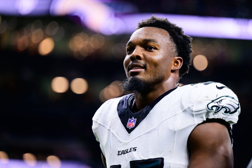 NEW ORLEANS, LOUISIANA - SEPTEMBER 22: Nakobe Dean #17 of the Philadelphia Eagles celebrates a win against the New Orleans Saints at Caesars Superdome on September 22, 2024 in New Orleans, Louisiana.