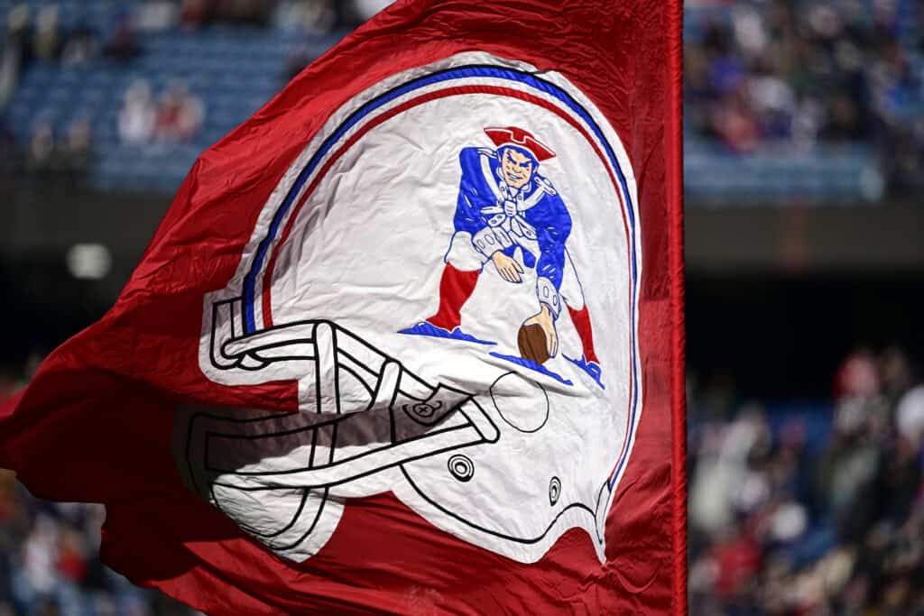 FOXBOROUGH, MASSACHUSETTS - DECEMBER 01: The New England Patriots team flag is flown ahead of a game between the Patriots and the Indianapolis Colts at Gillette Stadium on December 01, 2024 in Foxborough, Massachusetts.