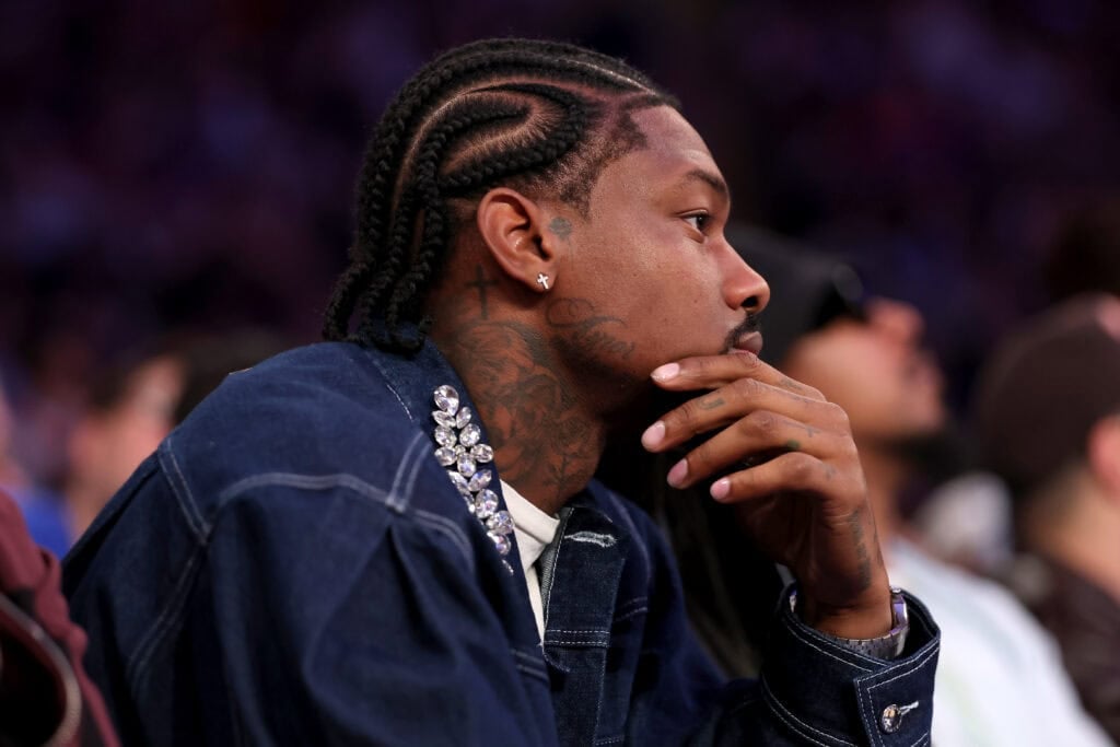 NEW YORK, NEW YORK - MAY 12: NFL Player Stefon Diggs sits court-side during the second quarter in Game Four of the Eastern Conference Second Round NBA Playoffs between the Boston Celtics and the New York Knicks at Madison Square Garden on May 12, 2025 in New York City.