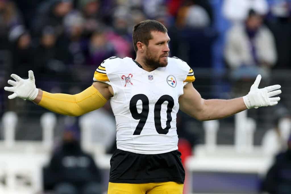 BALTIMORE, MARYLAND - DECEMBER 21: T.J. Watt #90 of the Pittsburgh Steelers stretches before the start of the Steelers and Baltimore Ravens game at M&T Bank Stadium on December 21, 2024 in Baltimore, Maryland.