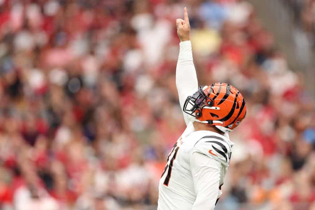 GLENDALE, ARIZONA - OCTOBER 08: Trey Hendrickson #91 of the Cincinnati Bengals reacts after a sack against the Arizona Cardinals during the first quarter at State Farm Stadium on October 08, 2023 in Glendale, Arizona.