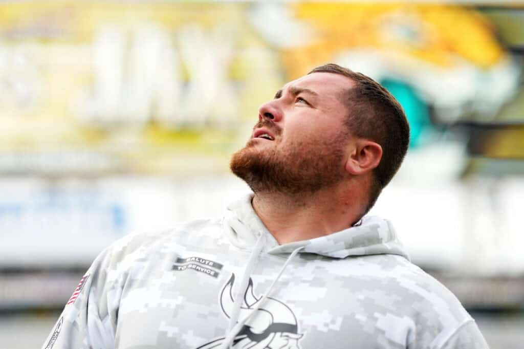 JACKSONVILLE, FLORIDA - NOVEMBER 10: Harrison Phillips #97 of the Minnesota Vikings looks on before the game against the Jacksonville Jaguars at EverBank Stadium on November 10, 2024 in Jacksonville, Florida.