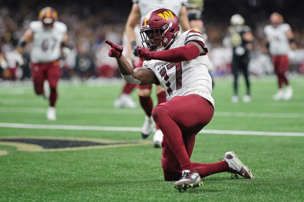 NEW ORLEANS, LOUISIANA - DECEMBER 15: Terry McLaurin #17 of the Washington Commanders reacts after a touchdown during the second quarter against the New Orleans Saints at Caesars Superdome on December 15, 2024 in New Orleans, Louisiana.