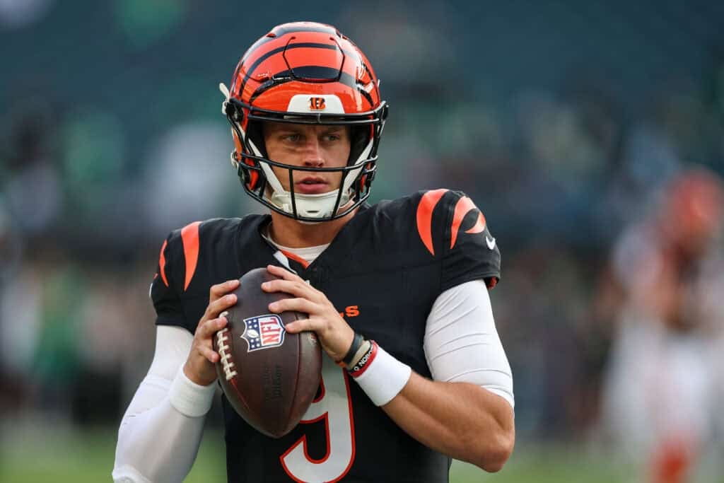 PHILADELPHIA, PENNSYLVANIA - AUGUST 7: Joe Burrow #9 of the Cincinnati Bengals attempts a pass before the NFL Preseason 2025 game against the Philadelphia Eagles at Lincoln Financial Field on August 7, 2025 in Philadelphia, Pennsylvania.