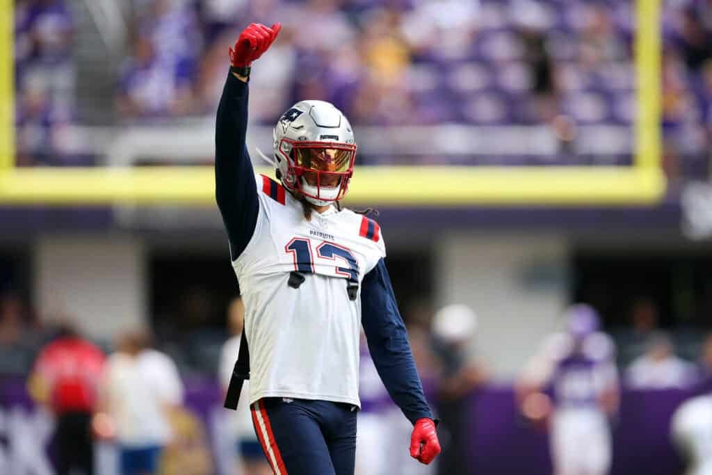 MINNEAPOLIS, MINNESOTA - AUGUST 16: Mack Hollins #13 of the New England Patriots looks on prior to the NFL Preseason 2025 game between New England Patriots and Minnesota Vikings at U.S. Bank Stadium on August 16, 2025 in Minneapolis, Minnesota