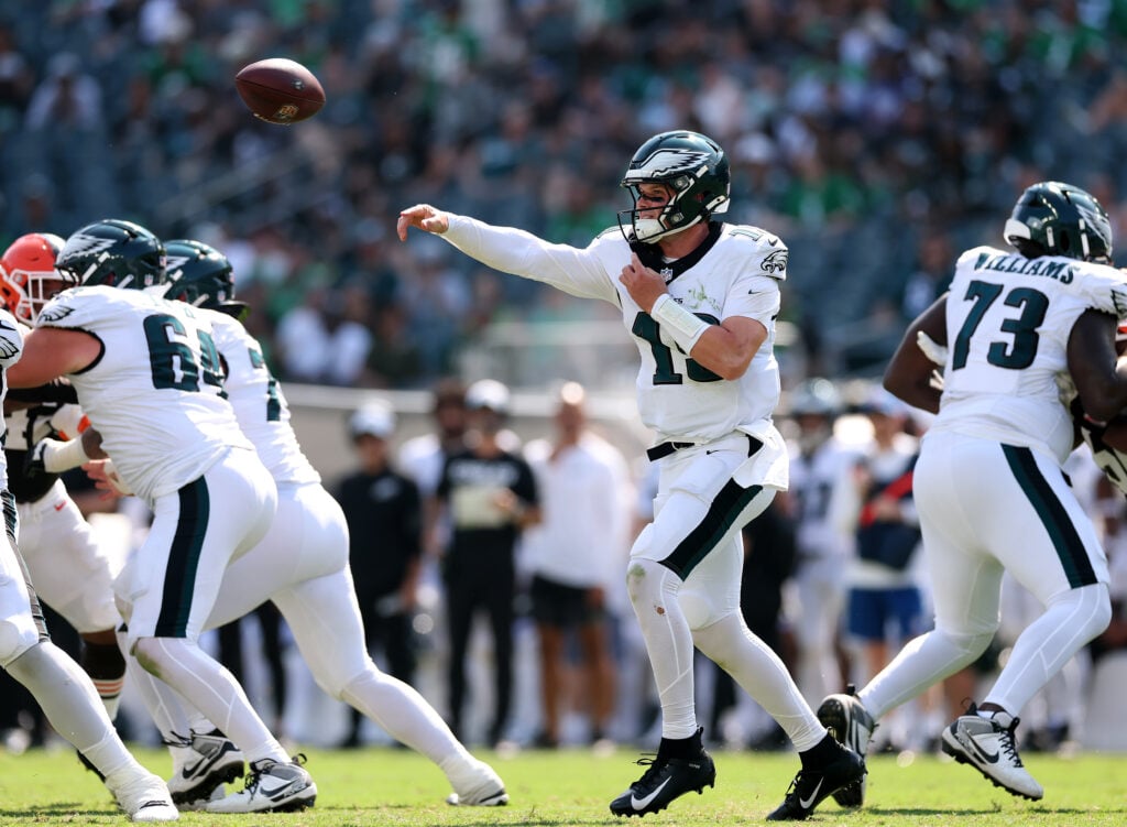 PHILADELPHIA, PENNSYLVANIA - AUGUST 16: Kyle McCord #19 of the Philadelphia Eagles passes the ball in the fourth quarter during the NFL Preseason 2025 game between Cleveland Browns and Philadelphia Eagles at Lincoln Financial Field on August 16, 2025 in Philadelphia, Pennsylvania. The Cleveland Browns defeated the Philadelphia Eagles 22-13.
