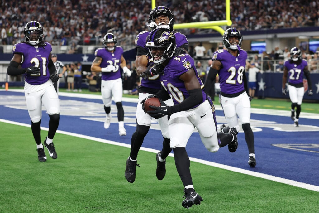 ARLINGTON, TEXAS - AUGUST 16: Reuben Lowery #30 of the Baltimore Ravens celebrates an interception against the Dallas Cowboys during the second quarter of an NFL Preseason 2025 game at AT&T Stadium on August 16, 2025 in Arlington, Texas.