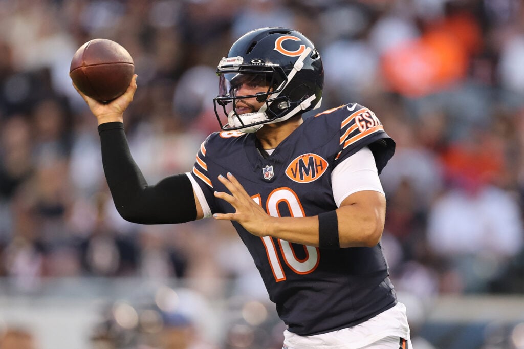 CHICAGO, ILLINOIS - AUGUST 17: Caleb Williams #18 of the Chicago Bears throws a pass against the Buffalo Bills during the NFL Preseason 2025 game between Buffalo Bills and Chicago Bears at Soldier Field on August 17, 2025 in Chicago, Illinois