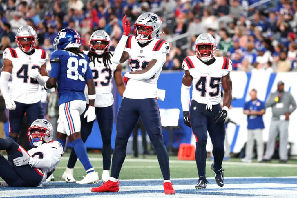 EAST RUTHERFORD, NEW JERSEY - AUGUST 21: Isaiah Bolden #29 of the New England Patriots celebrates during the second half of a NFL Preseason 2025 game between New England Patriots and New York Giants at MetLife Stadium on August 21, 2025 in East Rutherford, New Jersey. The Giants won 42-10.
