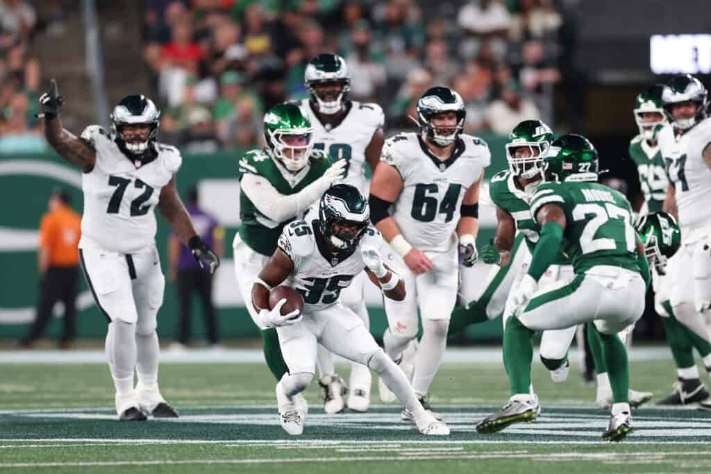 EAST RUTHERFORD, NEW JERSEY - AUGUST 22: Keilan Robinson #35 of the Philadelphia Eagles in action during the first half of a NFL Preseason 2025 game between Philadelphia Eagles and New York Jets at MetLife Stadium on August 22, 2025 in East Rutherford, New Jersey.