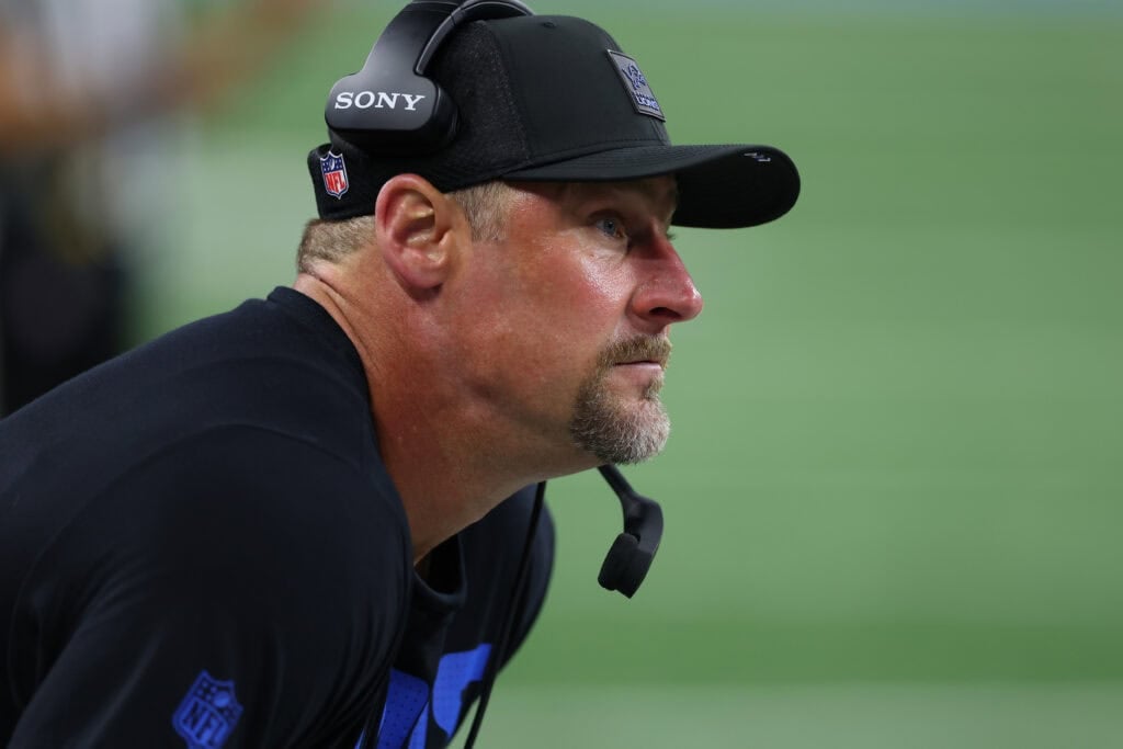 DETROIT, MICHIGAN - AUGUST 23: Head coach Dan Campbell of the Detroit Lions looks on while playing the Houston Texans during a pre season game at Ford Field on August 23, 2025 in Detroit, Michigan.
