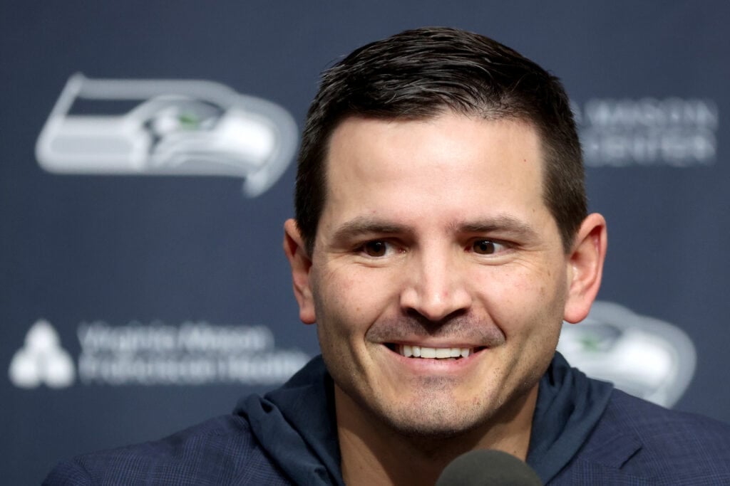 RENTON, WASHINGTON - FEBRUARY 01: Mike Macdonald as Macdonald speaks to the media as he is named the new head coach of the Seattle Seahawks at Virginia Mason Athletic Center on February 01, 2024 in Renton, Washington.